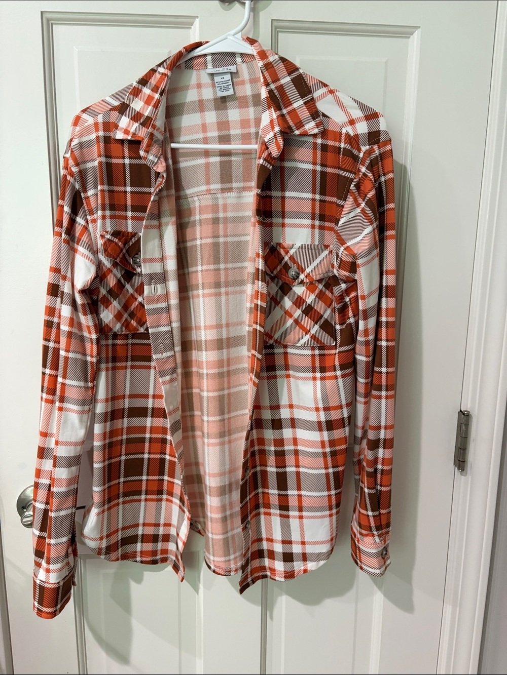 Women’s Orange and Brown Plaid Button-Up Shirt - Casual Long Sleeve